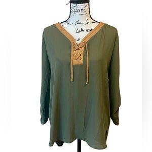 Tacera Olive Green Chiffon Blouse – Faux Velour Neckline – Size M NWOT